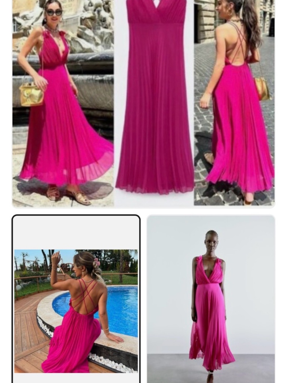 Zara Hot Pink Pleated Maxi Dress with Crisscross Back